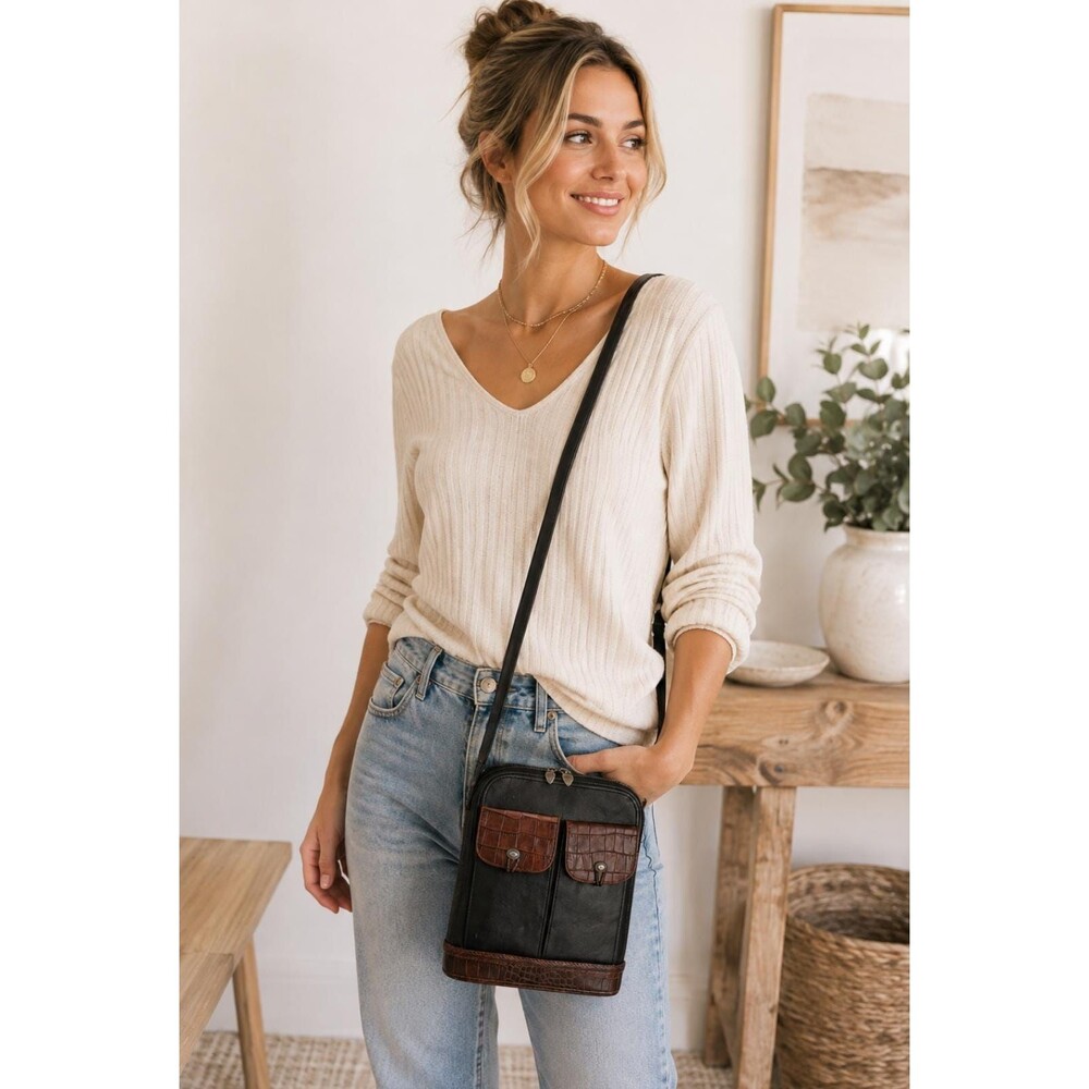 Brighton One World Black Leather Organizer Crossbody Bag | Vintage Leather North